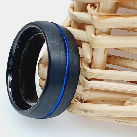 "Black Tungsten Wedding Ring with Blue Groove, GALTUN989 - Picture 4 of 5